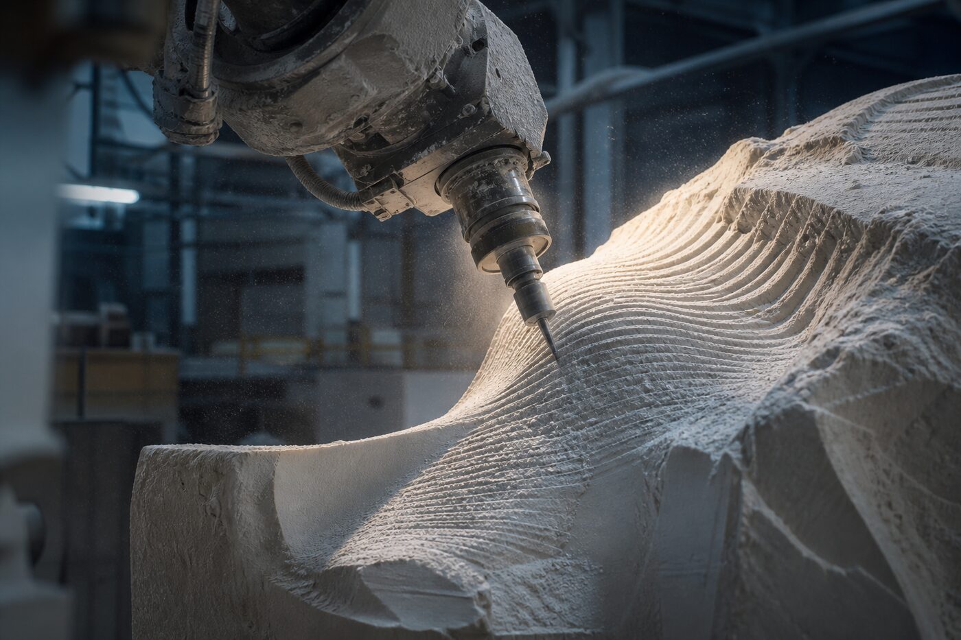 Brazo robótico de control numérico tallando un bloque de piedra caliza