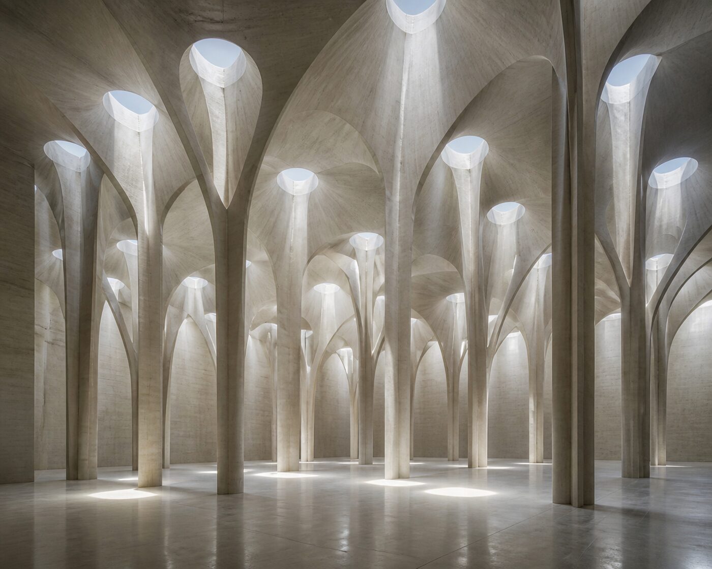 Interior con columnas ramificadas y lucernarios hiperboloides